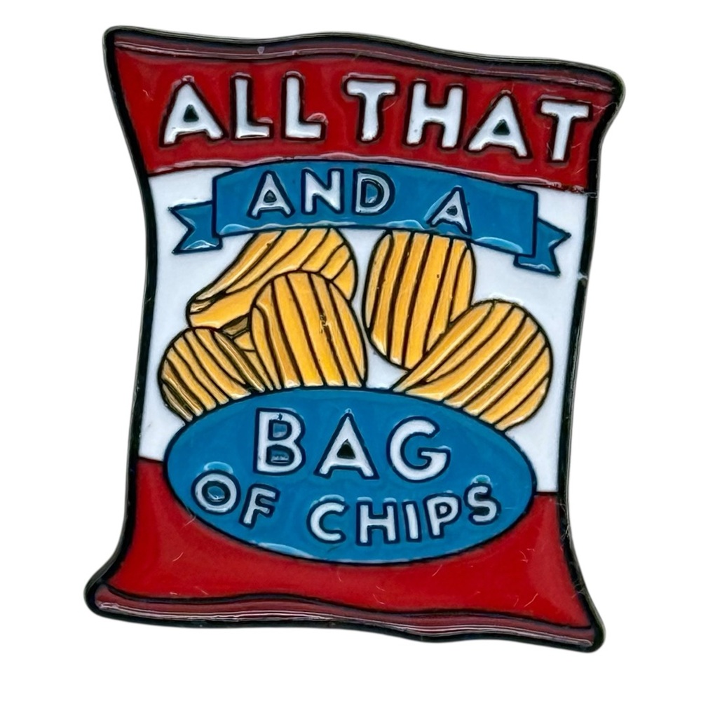 Colorful Snack Bag Enamel Pin with quirky saying
